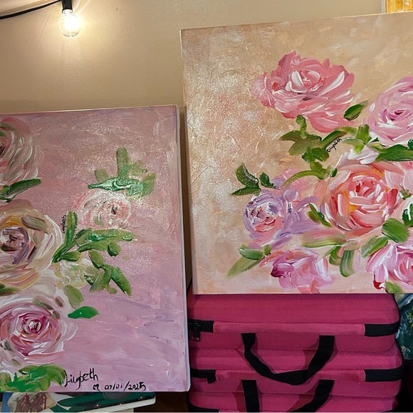 2 beautiful Floral Acrylic Painting 16”x20”each on canvas signed - Picture 4 of 6